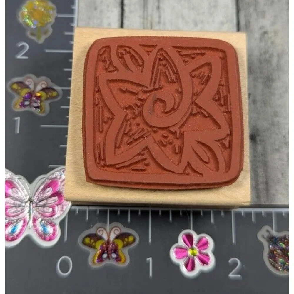 Impress Flower Design Sketch Rubber Stamp Wood #H53